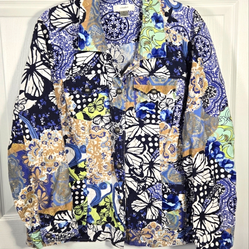 CJ Banks Womans Lightweight Jacket Blue & White Patchwork sz: 2x